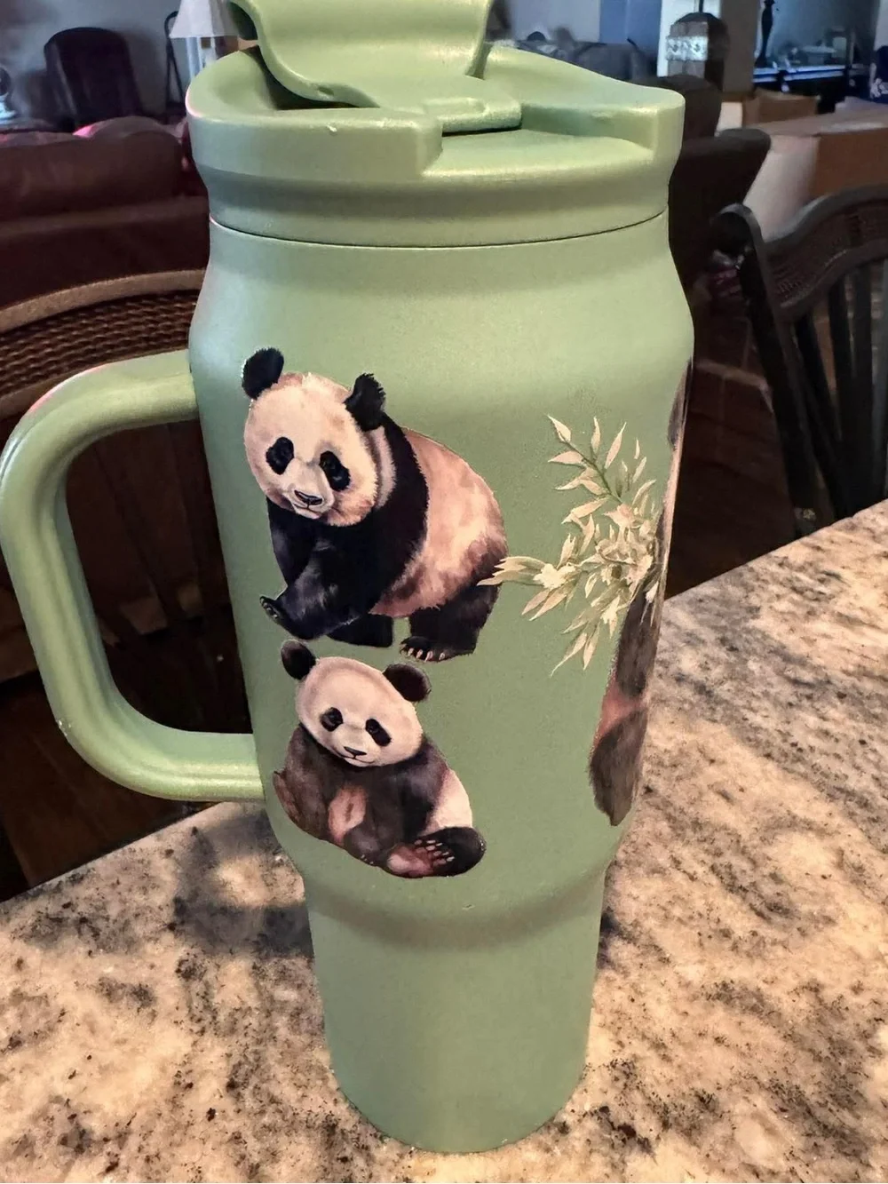 Hand Crafted Mint Green Panda Travel Tumbler scratch on handle